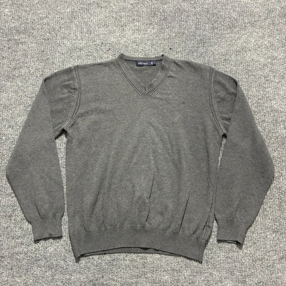 Nautica Mens Knitted Sweater Size Large Gray Pullover V-Neck Long Sleeve